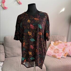 LuLaRoe Black Top with Colorful Leaf Pattern